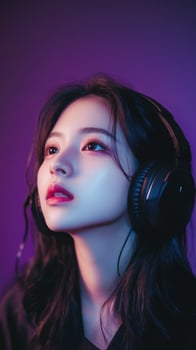 A woman wearing headphones in front of a purple background. photo