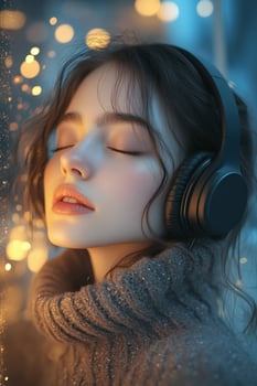 A woman with headphones on her face photo