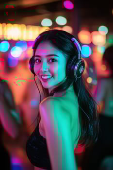 A woman wearing headphones at a night bar photo