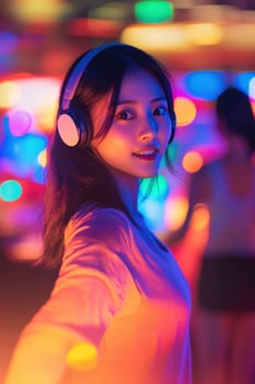 A woman wearing headphones in a night party photo