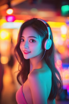 Beautiful young woman with headphones in neon night club photo