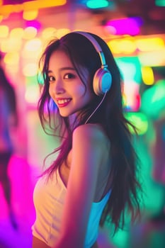 A woman wearing headphones in a neon night club. photo