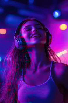 A woman wearing headphones in a night bar photo