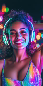 A woman wearing headphones and dancing at a night bar. photo