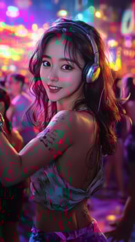 A woman in a party dress with headphones on photo