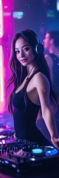 A woman in a black dress and headphones at a dj table photo