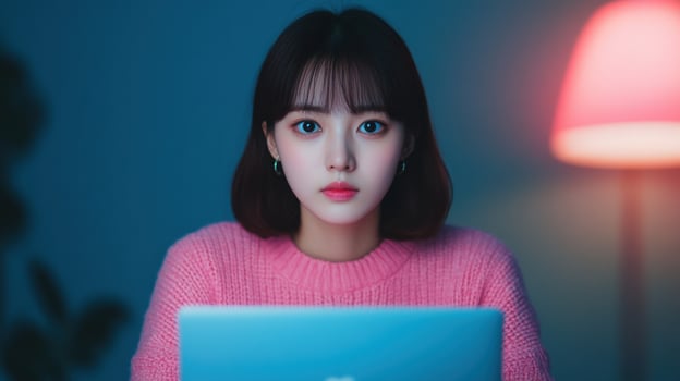 Intriguing Woman Focused on Laptop in a Modern Interior Setting photo
