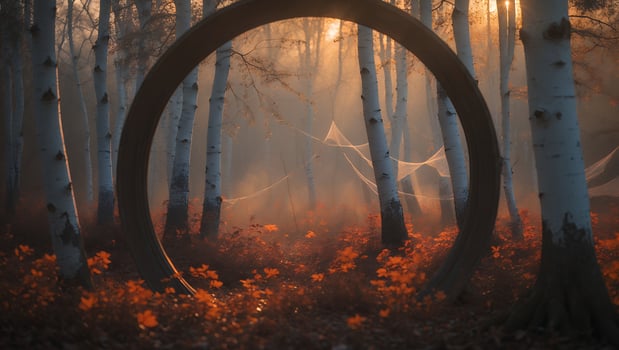 Birch Tree Forest with Circle Frame and Autumn Leaves photo