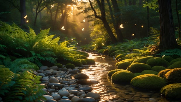 A stream runs through a forest with ferns and rocks photo