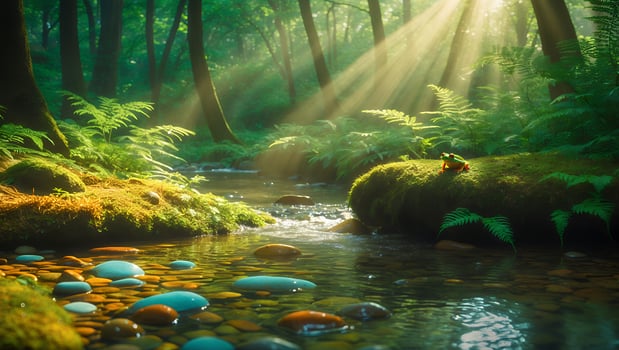 Frog Sitting by Stream in Forest with Sunlight and River Rocks photo
