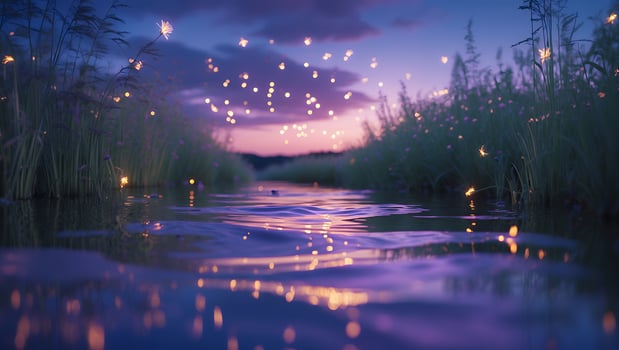 Waterway Reflections at Twilight with Glowing Lights and Natural Grass photo