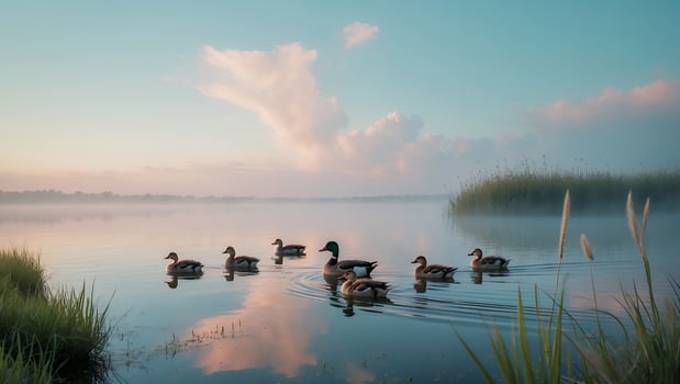 Ducks Swimming in Calm Lake at Dawn with Sky Reflection photo