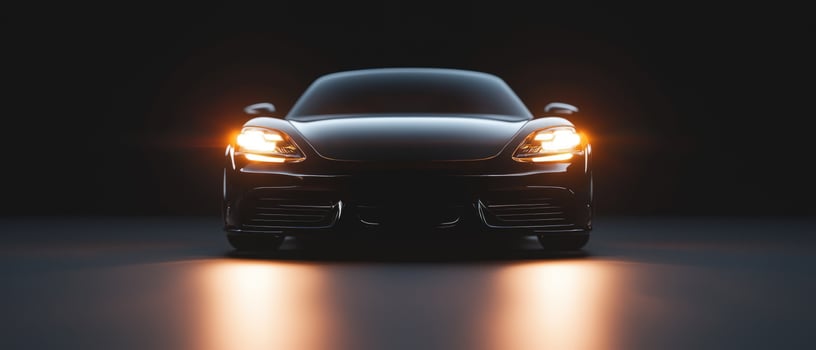 Sportscar headlights on, dark background, gleaming on the road, for auto ads photo
