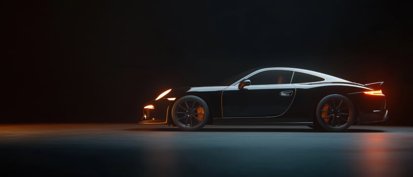 Dark luxury car parked in dimly lit studio for automotive advertising photo