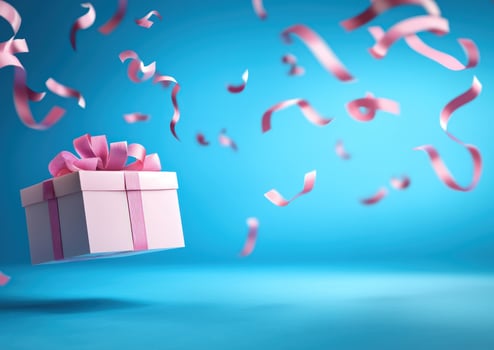 Gift Box Falling Pink Ribbons Presents, Celebration, Party, Holiday, Marketing photo