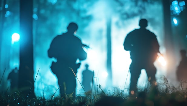 Soldiers walking with weapons through woods at night with smoke for training photo