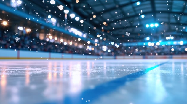 Snowy hockey rink with blurry spectators for sports concept, seasonal events use photo