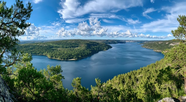 Scenic river bend vista from forested cliff, ideal for travel ads photo
