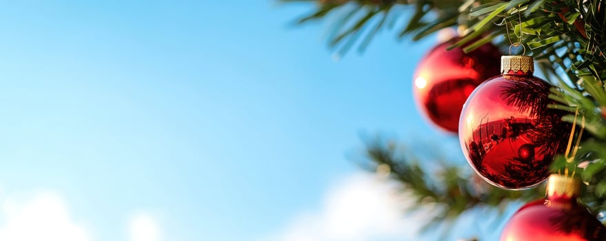 Red ornaments hanging on a Christmas tree against a blue sky photo