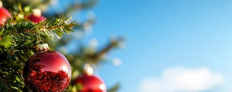Red ornaments on a Christmas tree against a blue sky background photo