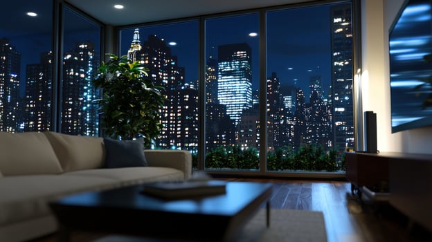 Modern apartment living room with city night view photo