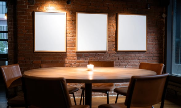 Empty frames in cozy cafe with round table and candlelight photo