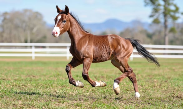 Chestnut foal running in a grassy paddock with white fence photo
