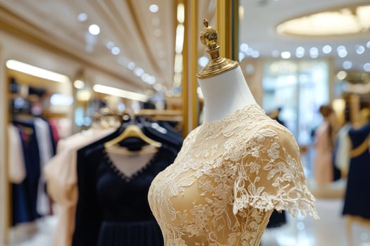 Mannequin in lace dress displayed in a brightly lit retail fashion store photo