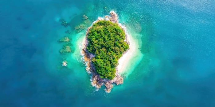 Aerial view Forested island, clear water, waves, scenic. Tourism, solitude photo
