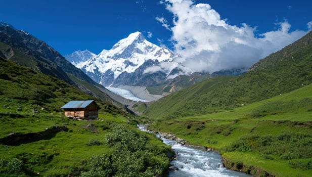 Cabin by creek, green valley, and snowy mountain peak under blue sky. Use Travel photo