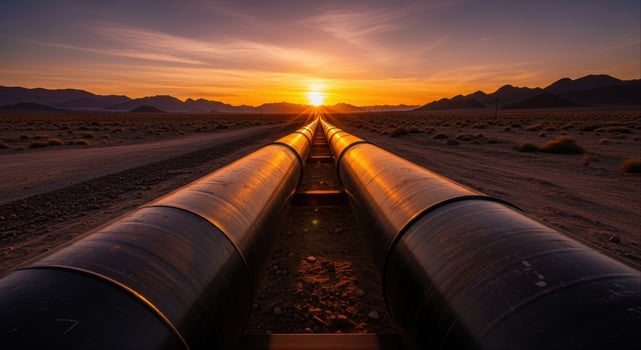 Massive industrial pipelines stretching across a desert landscape at dramatic sunset photo