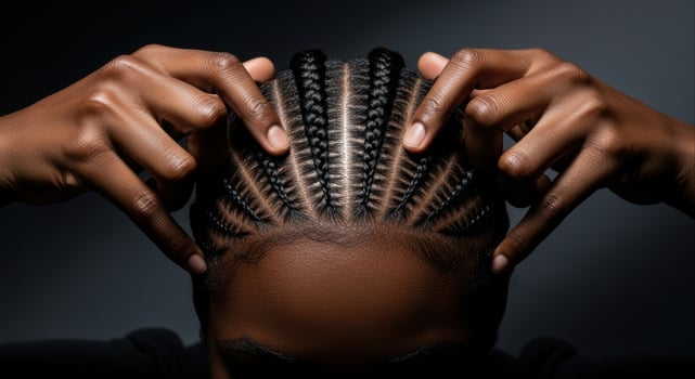 Close up view of intricate cornrow braids on a head with hands touching the hair photo