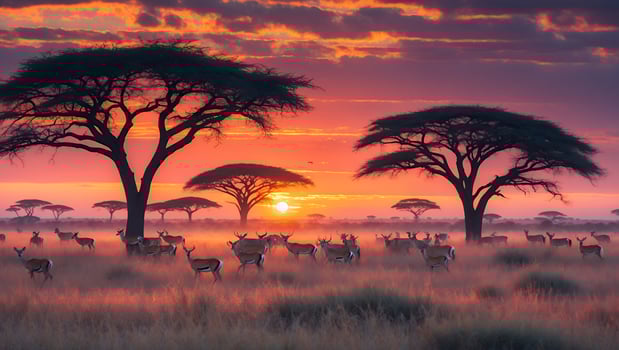 Herd of Impala Grazing in African Savannah at Warm Sunset photo