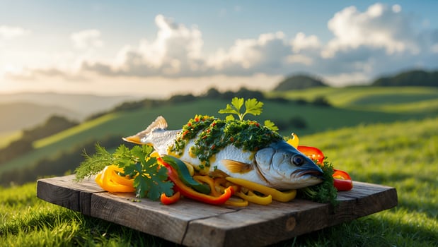 Prepared Fish Dish Displayed Outdoors on a Wooden Board with Greens photo
