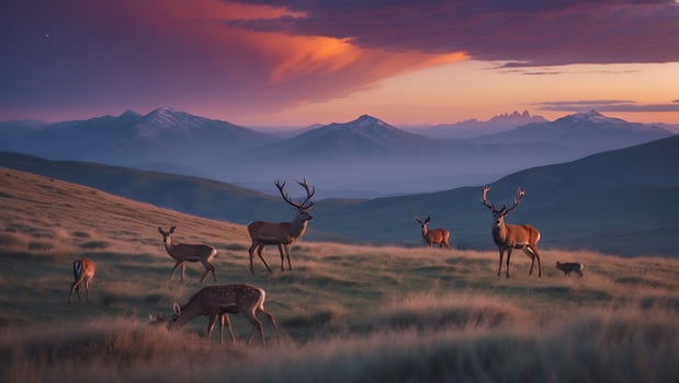 Deer Grazing in Mountain Meadow at Sunset Under Dramatic Sky photo