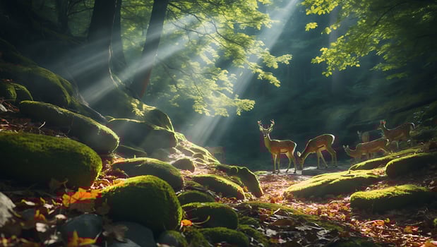 Deer Herd Standing in Forest with Sun Rays Shining Through Trees photo