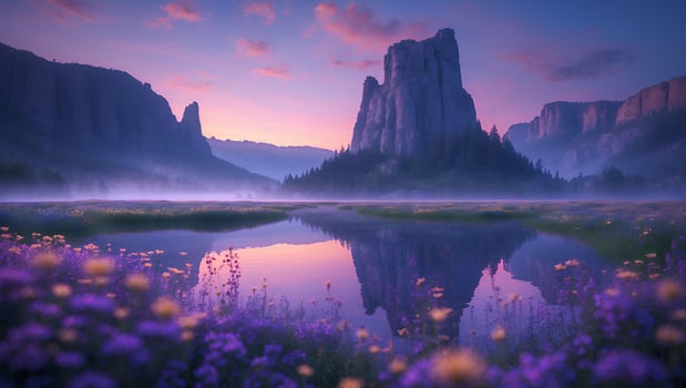 Mountains Reflecting in Calm Lake at Sunset with Purple Flowers photo
