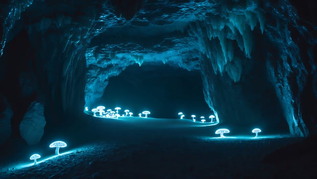 Illuminated Mushrooms Grow in Dark Cave Underneath Rock Formations photo