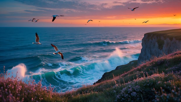 Seagulls Flying Over Ocean Waves Crashing on Cliff at Sunset photo