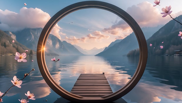 Lake Scene Framed by Circle with Dock and Pink Flowers photo