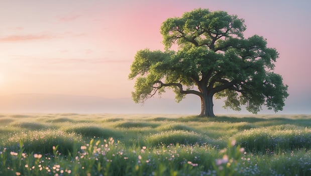 Solitary Tree Standing Tall in Peaceful Meadow at Sunrise photo
