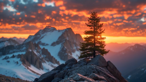Lone Pine Tree Stands Tall on Rocky Peak at Fiery Sunset photo