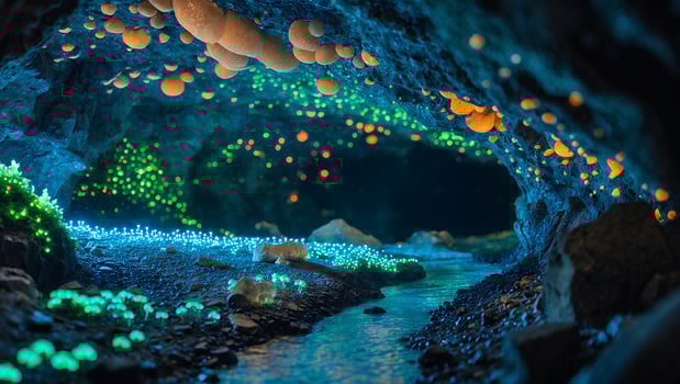Glowing Cave Stream with Illuminated Fungi and Sparkling Light Effect photo