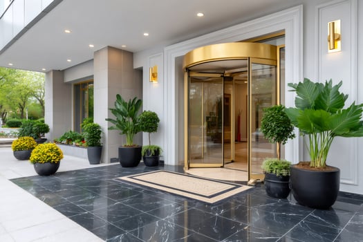 Revolving door welcoming guests to luxurious hotel entrance photo