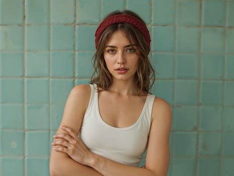 Portrait of a Beautiful Woman in a White Tank Top with a Red Knitted Headband photo