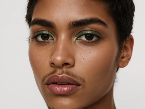 Portrait of a Person with Green Eyeshadow and Glossy Lips on a Neutral Background. photo
