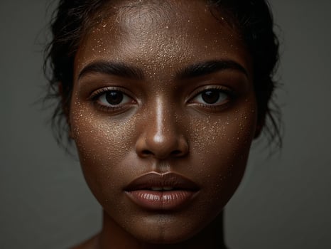 A woman with a face full of gold paint photo