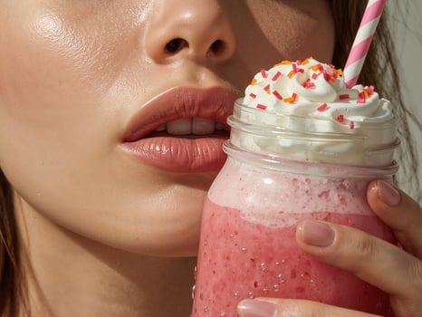 A woman is drinking a milkshake with sprinkles photo