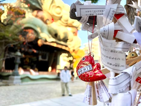 Osaka city, JP 2024 - Image of Omikuji, which people use to make a prediction. If the prediction is bad, it is left at the shrine to ward off bad luck. Can be found at shrines in Japan photo