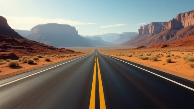 An empty road in the desert with mountains in the background photo